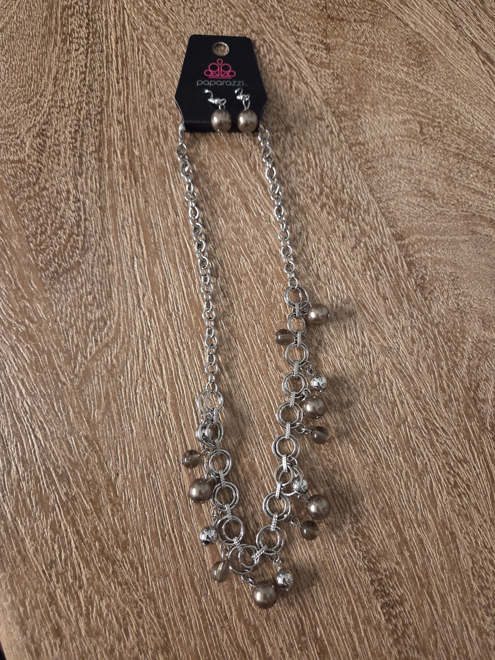 Paparazzi Silver Chain Necklace And Earring Set with Taupe Bead Accents